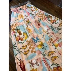 Paper Heart Linen Skirt Maxi Colorful Fruits‎ Print Elastic Waist Beach Small